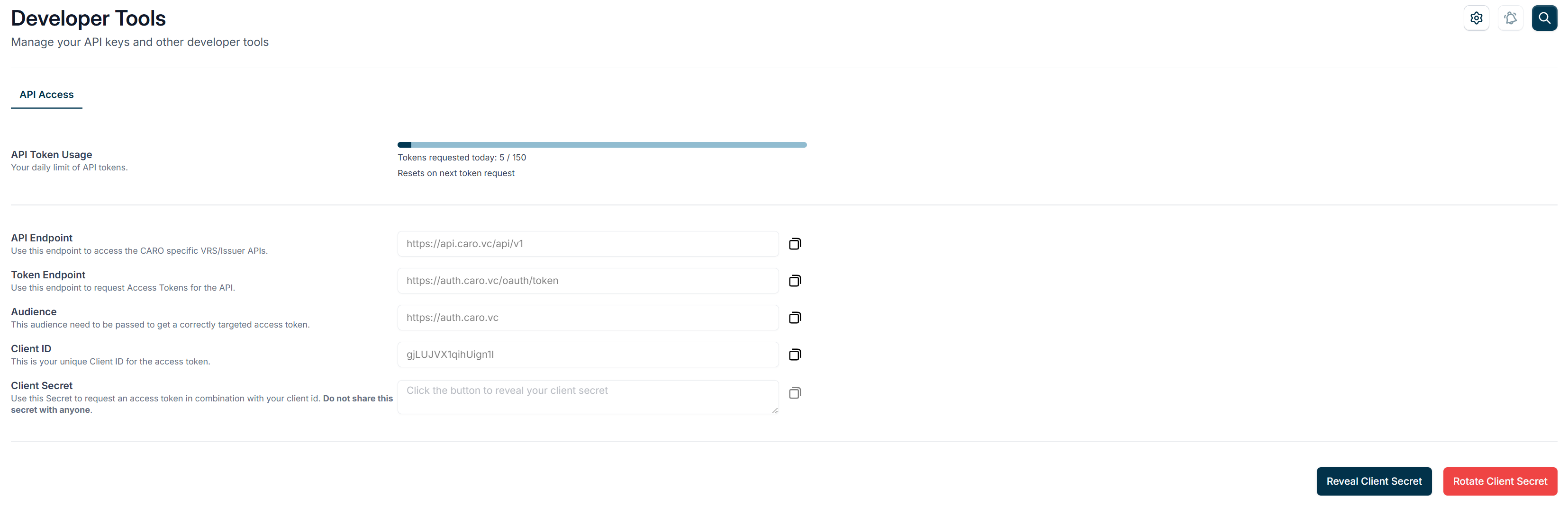 CARO User Account Settings
